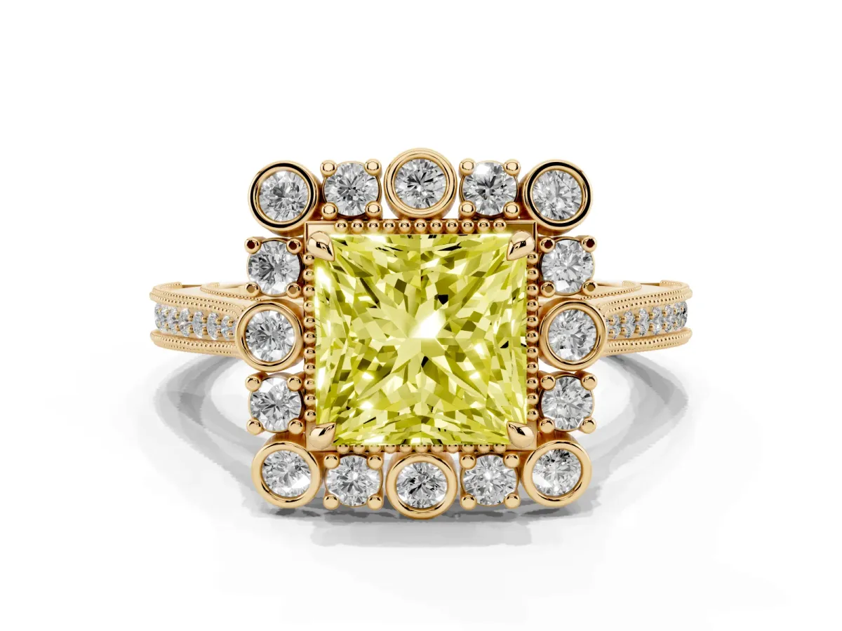 Fancy Yellow Princess Cut Halo Milgrain Pave Diamond Ring with Four-Prong Setting Yellow gold