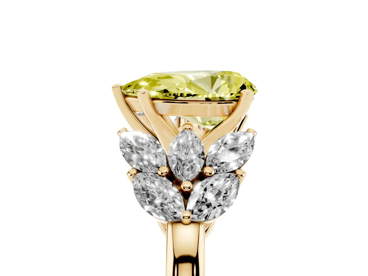 Fancy Yellow Pear Cut Diamond Cluster Leaf Design Ring with Prong Setting Yellow gold