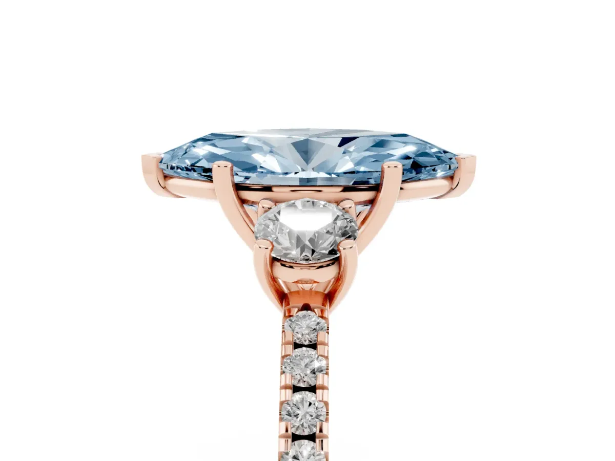Fancy Blue Three-Stone Marquise Cut Cut Diamond Pavé Band with Prong Setting Rose gold