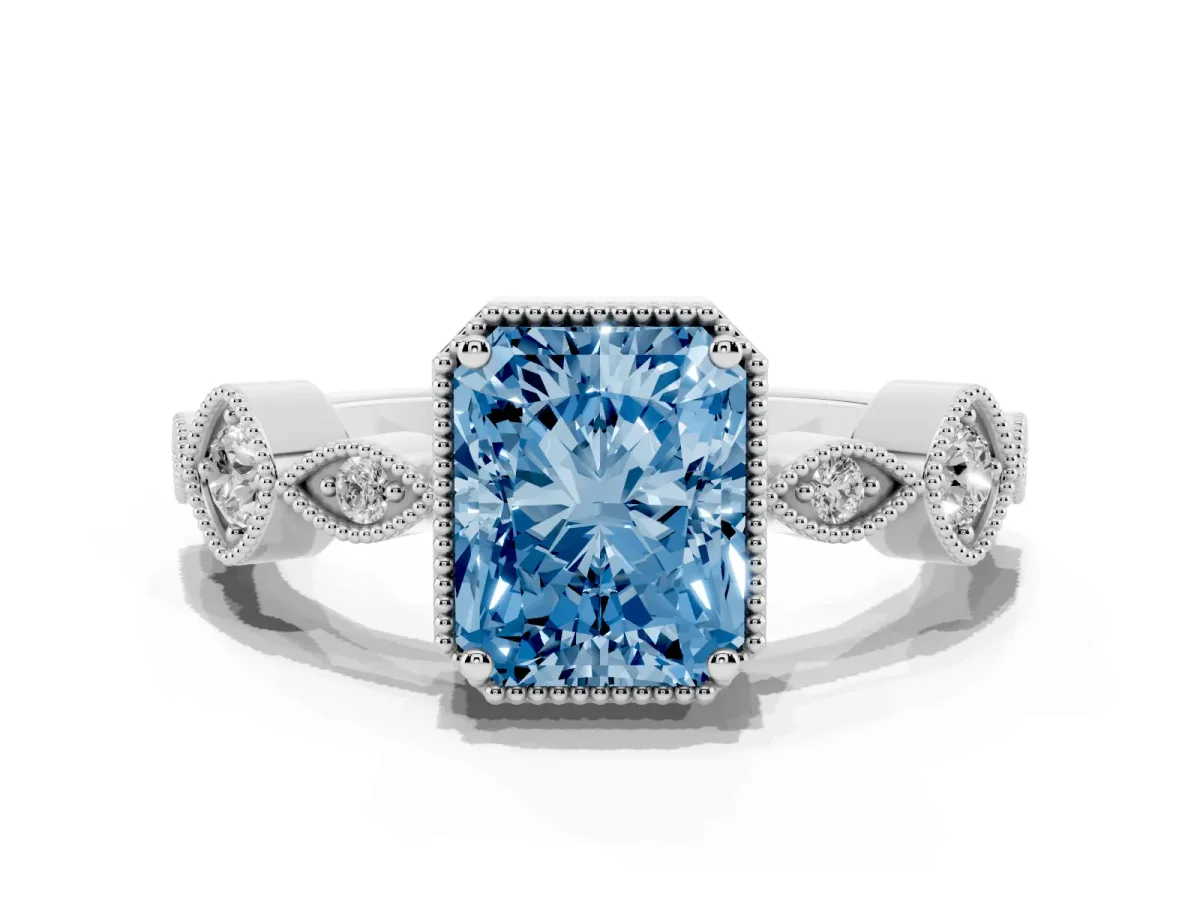 Fancy Blue Radiant Cut Diamond Vintage Milgrain Ring with Round Stations Platinum