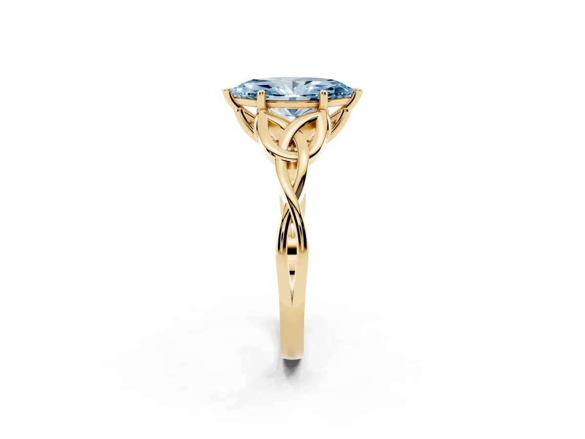 Fancy Blue Marquise Cut Diamond Solitaire Engagement Ring with Celtic Knot Band and Four-Prong Setting Yellow gold
