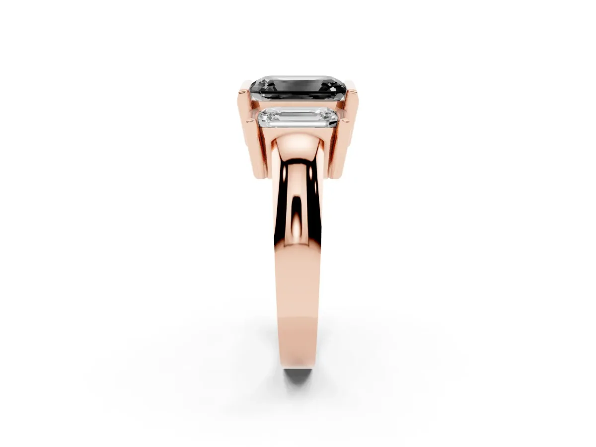 Fancy Black Three Stone Emerald Cut Cut Channel Set Diamond Ring Rose gold