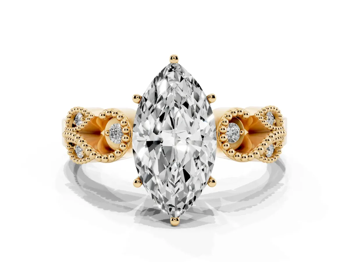 Marquise Cut Solitaire Milgrain Leaf Band with Prong Setting Yellow gold