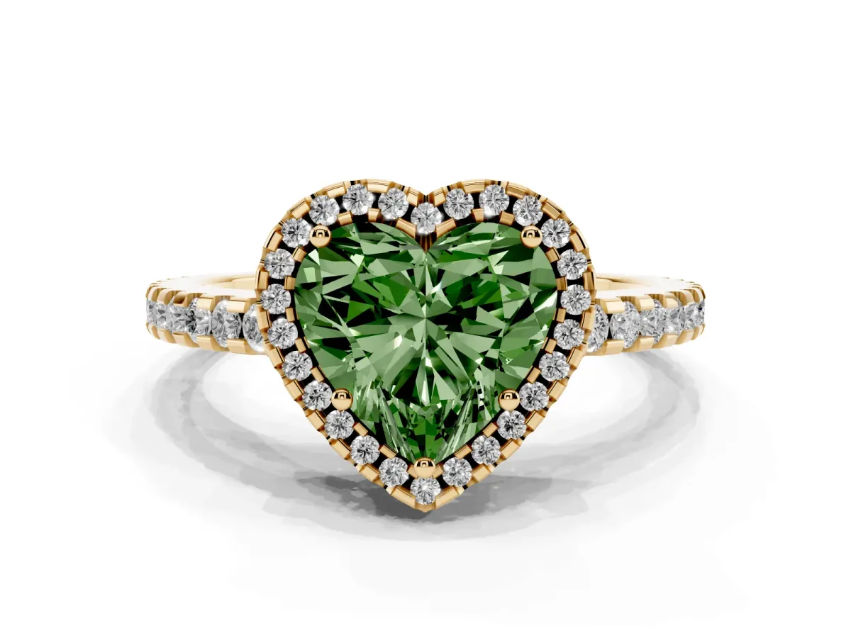 Fancy Green Heart Cut Diamond Halo Engagement Ring with Pavé Band and Prong Setting Yellow gold