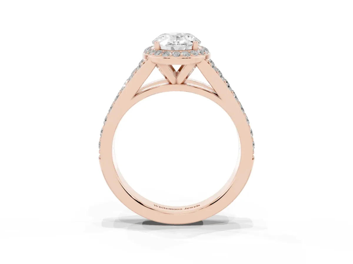 Oval Cut Diamond Split Shank Halo Ring with Four-Prong Setting Rose gold