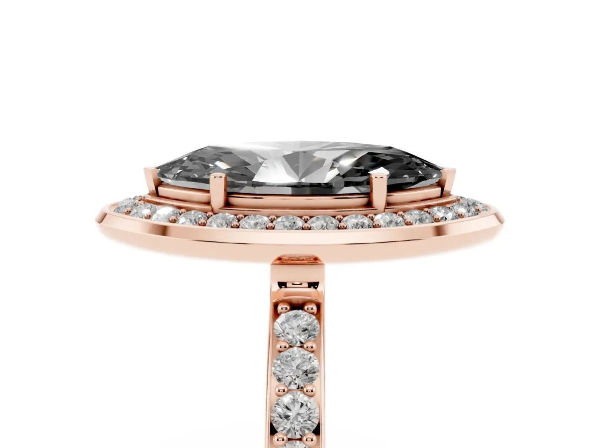 Fancy Black Marquise Cut Diamond Halo Ring with Bezel Frame and Pavé Band Rose gold
