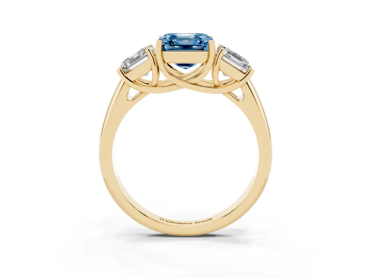 Fancy Blue Three-Stone Asscher Cut Diamond Engagement Ring with Prong Setting Yellow gold