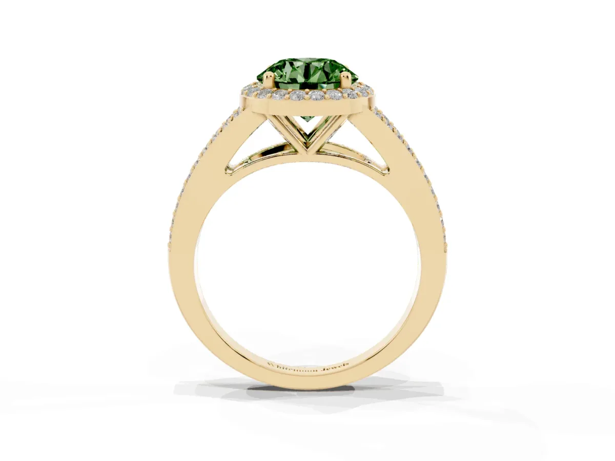 Fancy Green Round Cut Halo Split Shank Diamond Ring with Prong Setting Yellow gold