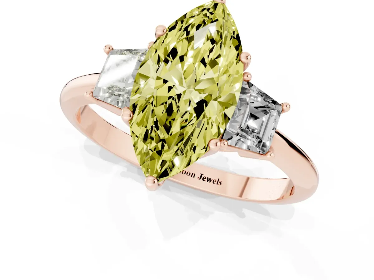 Fancy Yellow Marquise Cut Diamond Three-Stone Ring with Trapezoid Side Stones and Prong Setting Rose gold