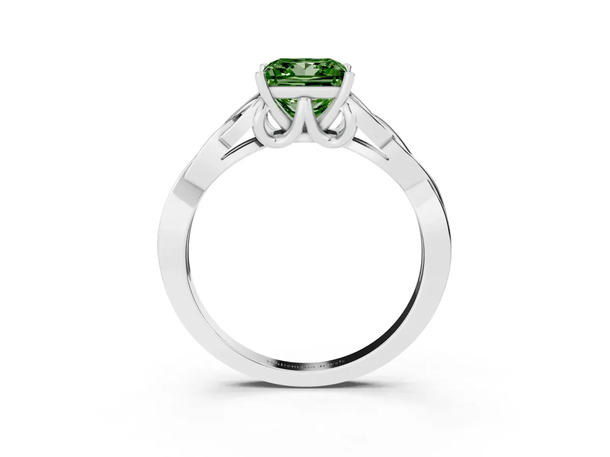 Fancy Green Princess Cut Diamond Solitaire Engagement Ring with Celtic Knot Band and Four-Prong Setting White gold