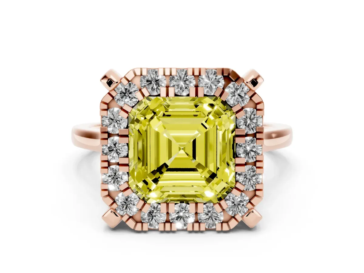 Fancy Yellow Asscher Cut Diamond Cluster Halo Solitaire with Four-Prong Setting Rose gold