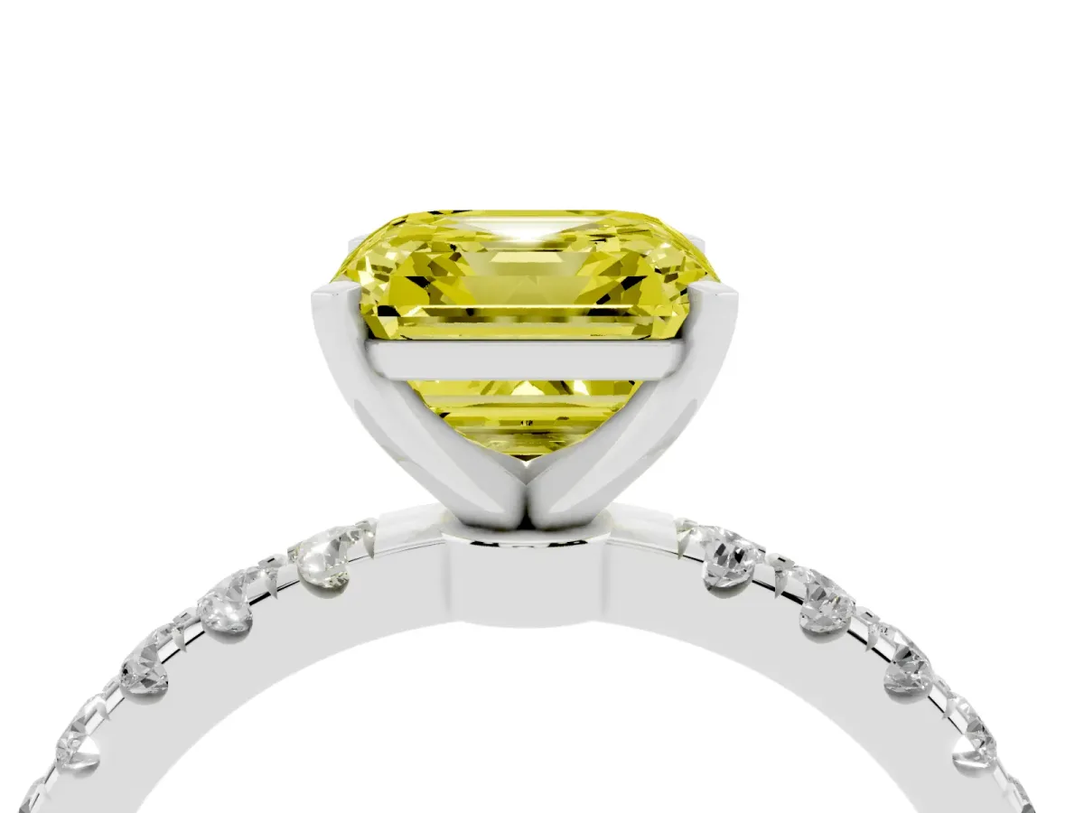 Fancy Yellow Asscher Cut Diamond Solitaire Ring with Pavé Accents and Four-Prong Setting Silver