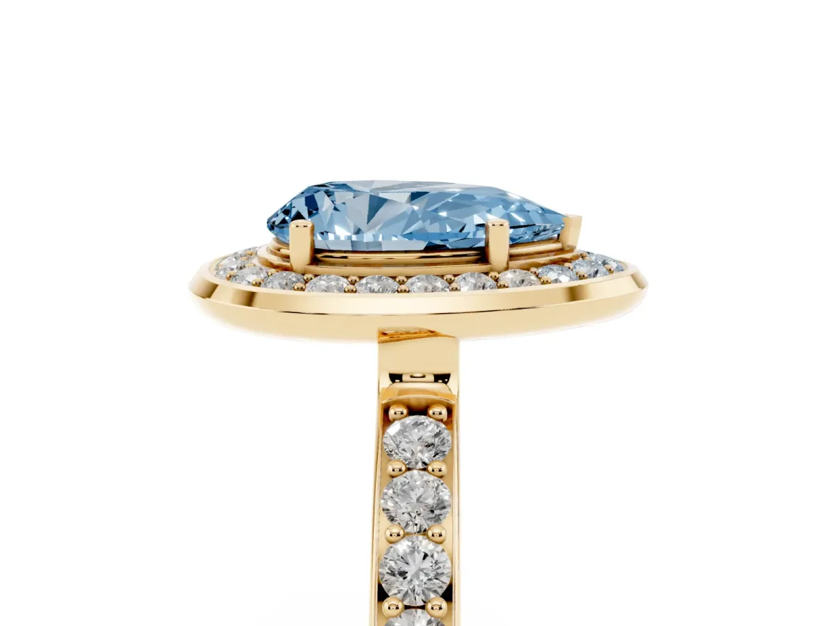 Fancy Blue Pear Cut Diamond Halo Ring with Bezel Frame and Pavé Band Yellow gold