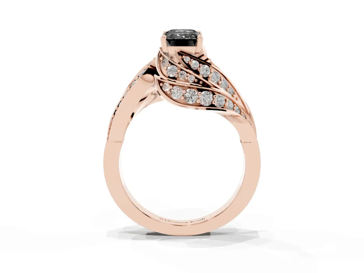 Fancy Black Emerald Cut Diamond Solitaire Ring with Prong Setting and Twisted Pavé Band Rose gold