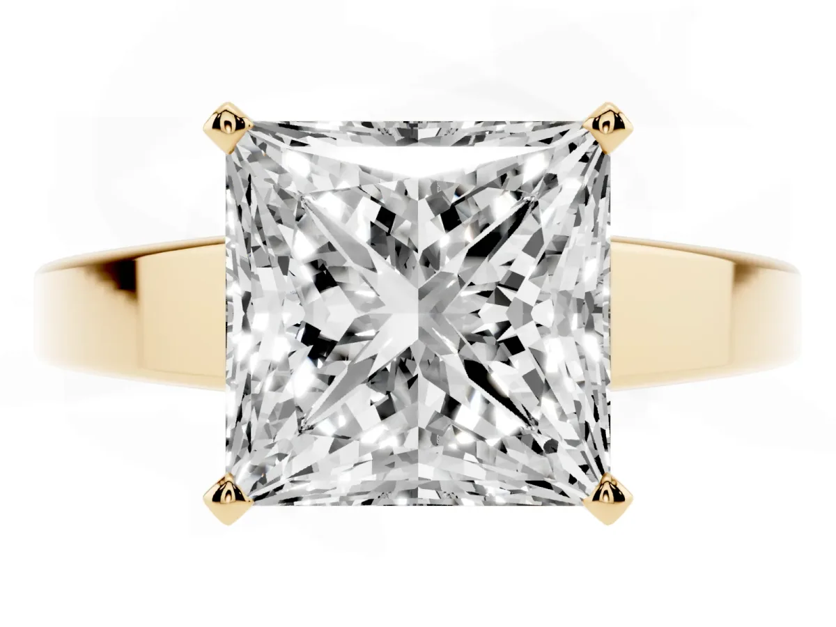 Princess Cut Solitaire Engagement Ring with Four-Prong Setting and Tapered Band Yellow gold