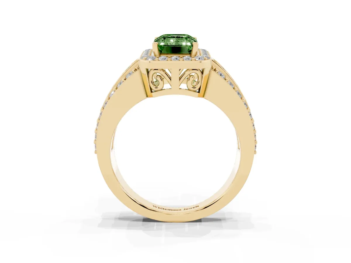Fancy Green Emerald Cut Halo Diamond Ring with Round Split Shank and Prong Setting Yellow gold