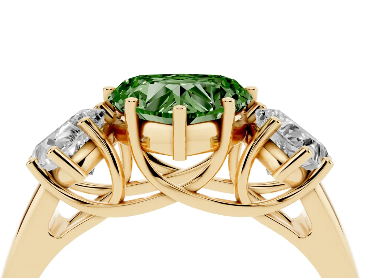Fancy Green Three-Stone Heart Cut Diamond Engagement Ring with Prong Setting Yellow gold
