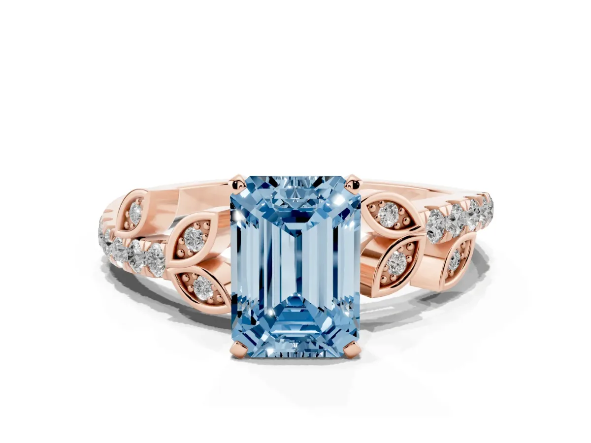 Fancy Blue Emerald Cut Solitaire Leaf-Inspired Diamond Ring with Pavé Band and Four-Prong Setting Rose gold