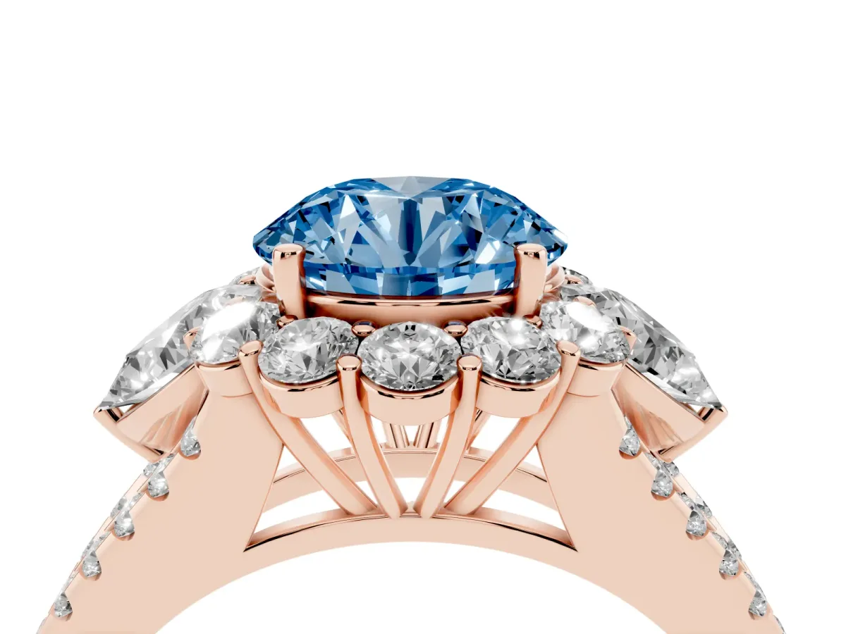 Fancy Blue Round Cut Halo Split Shank Diamond Engagement Ring with Prong Setting Rose gold