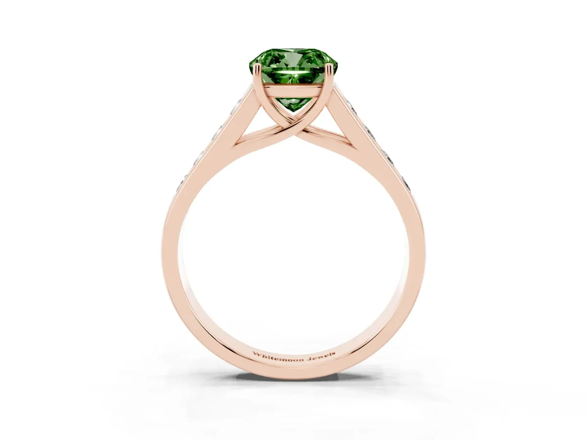 Fancy Green Cushion Cut Solitaire Channel-Set Diamond Engagement Ring with Four-Prong Setting Rose gold