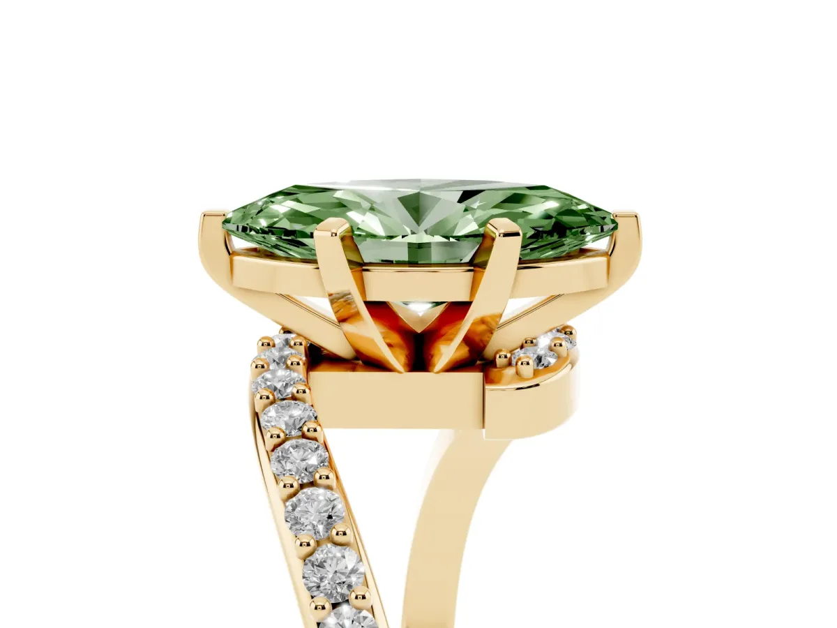 Fancy Green Marquise Cut Solitaire Twist Band with Pave Set Diamonds and Four-Prong Setting Yellow gold