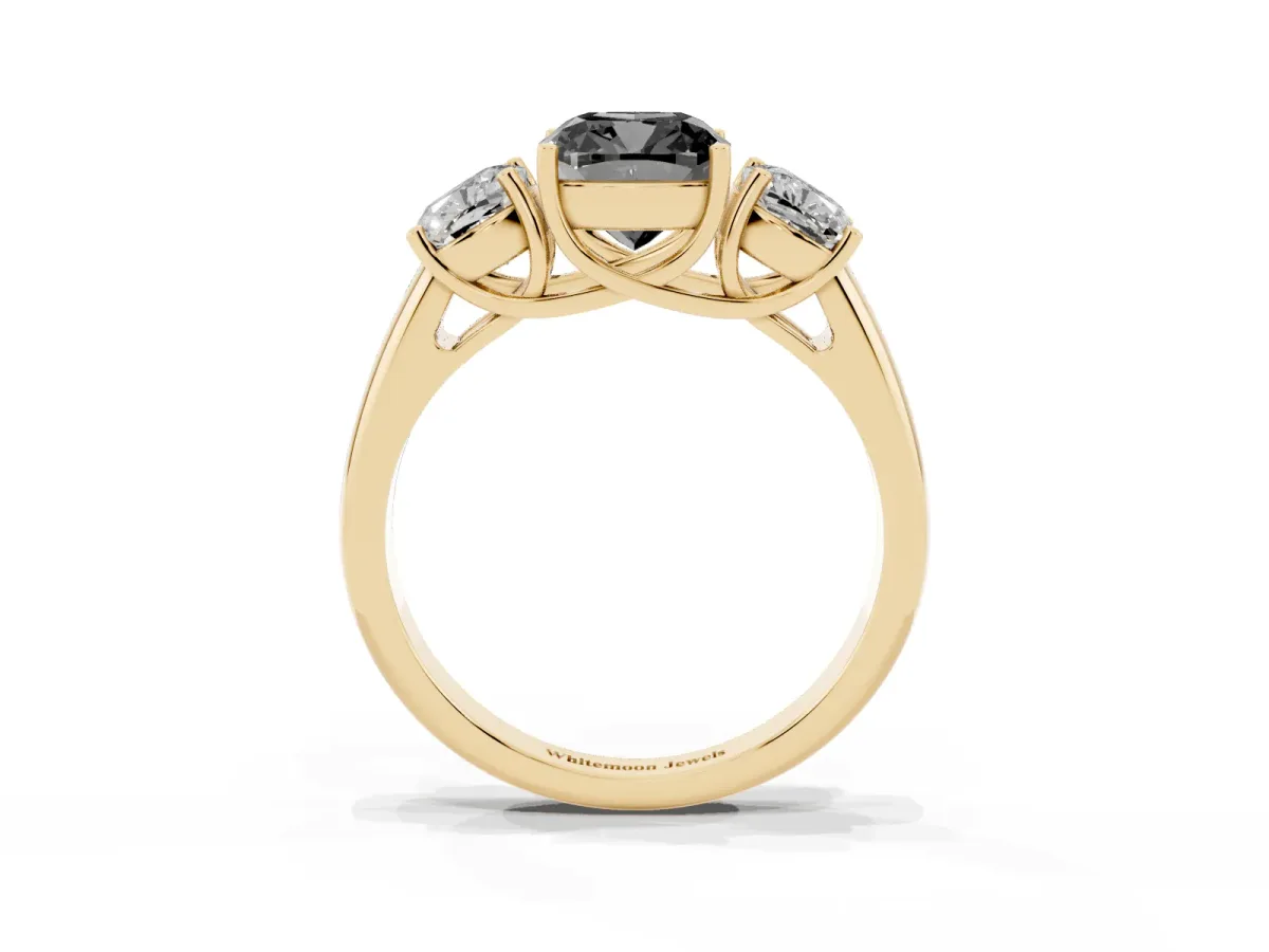 Fancy Black Three-Stone Cushion Cut Diamond Engagement Ring with Prong Setting Yellow gold