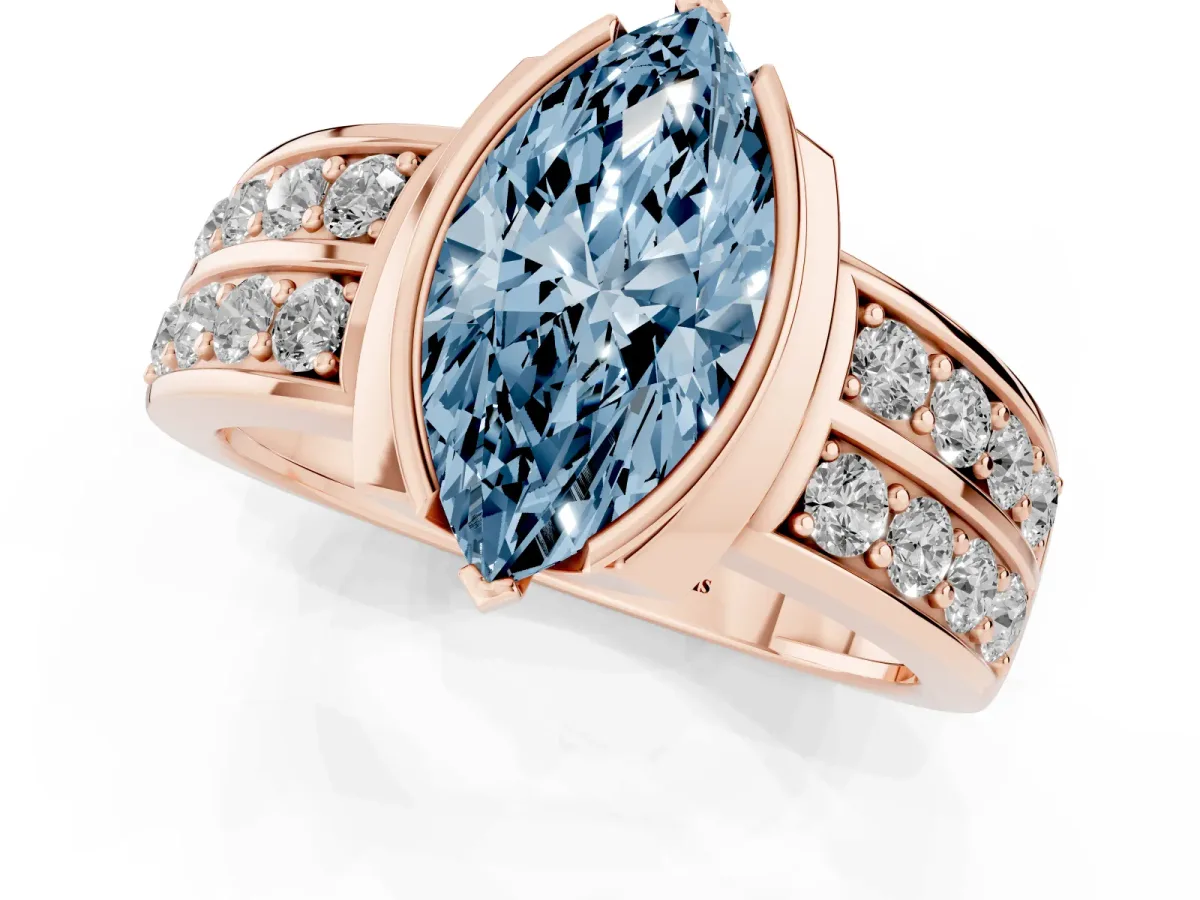 Fancy Blue Marquise Cut Brilliant Diamond Channel Set Wide Band Ring with Bezel Setting Rose gold