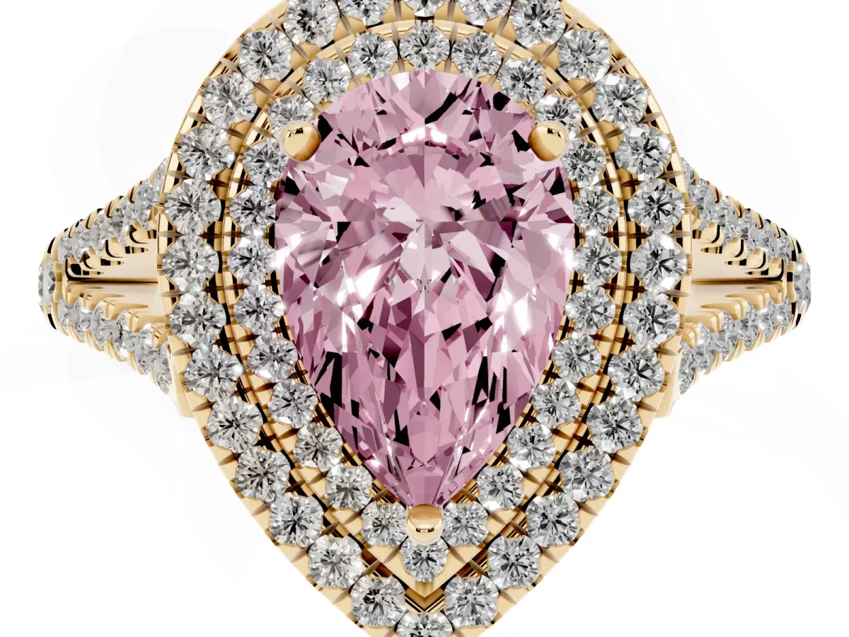 Fancy Pink Pear Cut Diamond Double Halo Ring with Pavé Band and Prong Setting Yellow gold