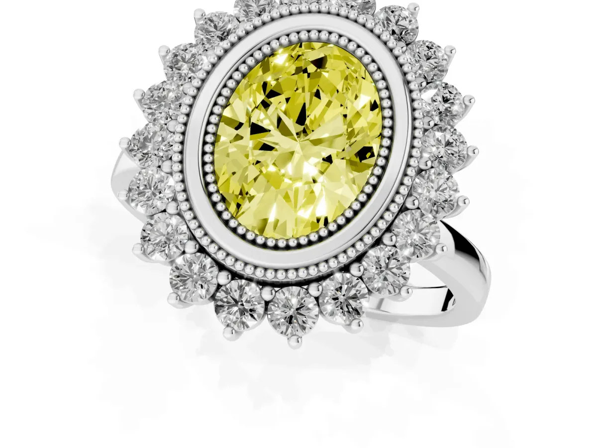 Fancy Yellow Oval Cut Halo Diamond Ring with Milgrain Edge and Round Prong Setting Silver