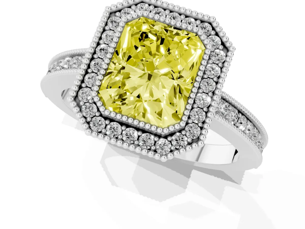 Fancy Yellow Radiant Cut Cut Halo Diamond Ring with Pavé Band and Milgrain Prong Setting Platinum