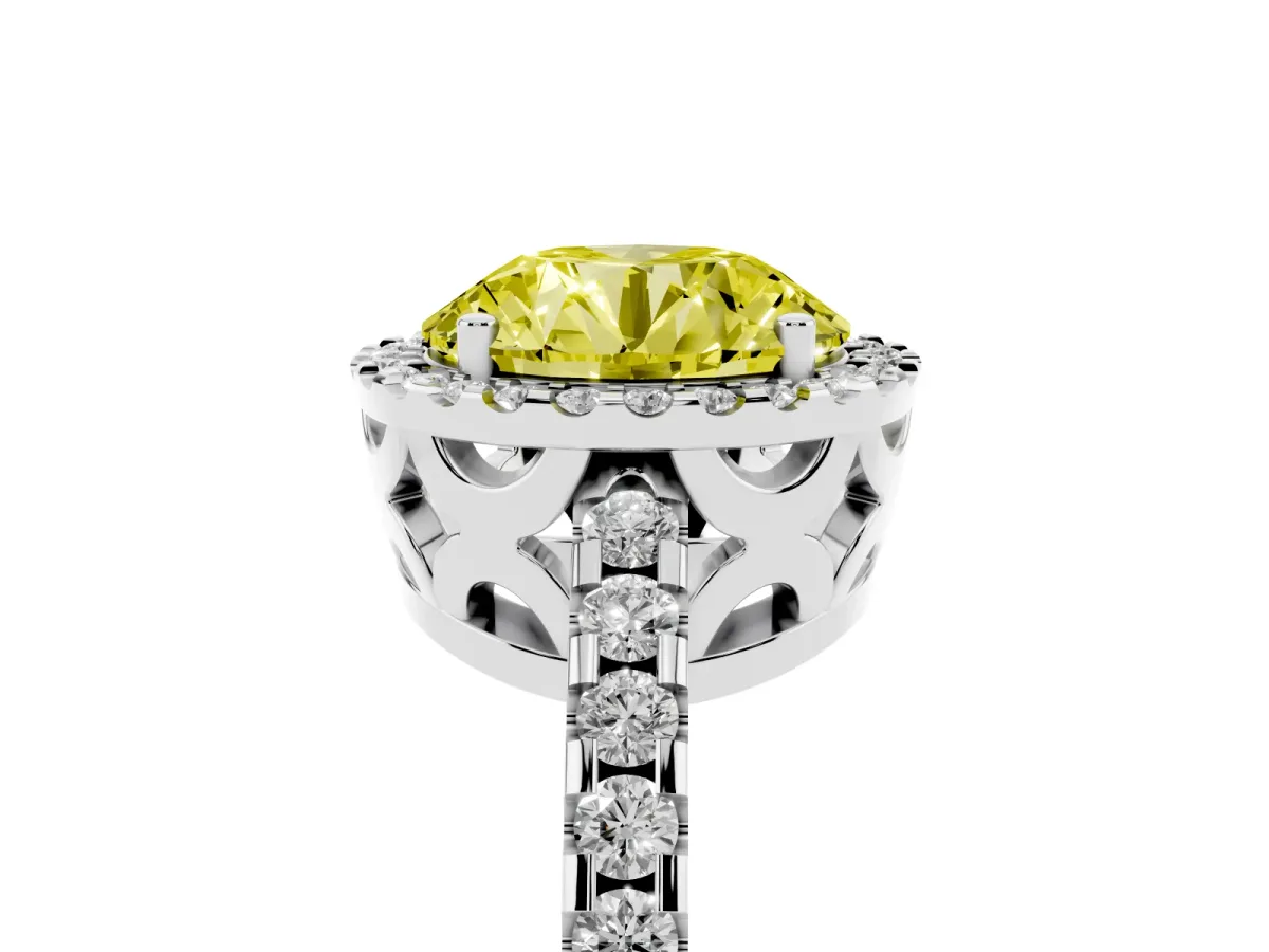 Fancy Yellow Round Cut Diamond Halo Engagement Ring with Pavé Band and Prong Setting Platinum