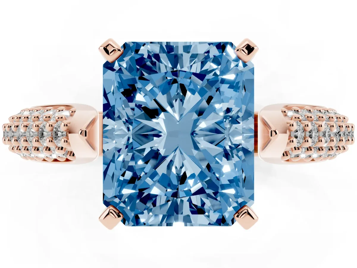 Fancy Blue Radiant Cut Diamond Solitaire Engagement Ring with Multi-Row Round Pavé Band and Prong Setting Rose gold