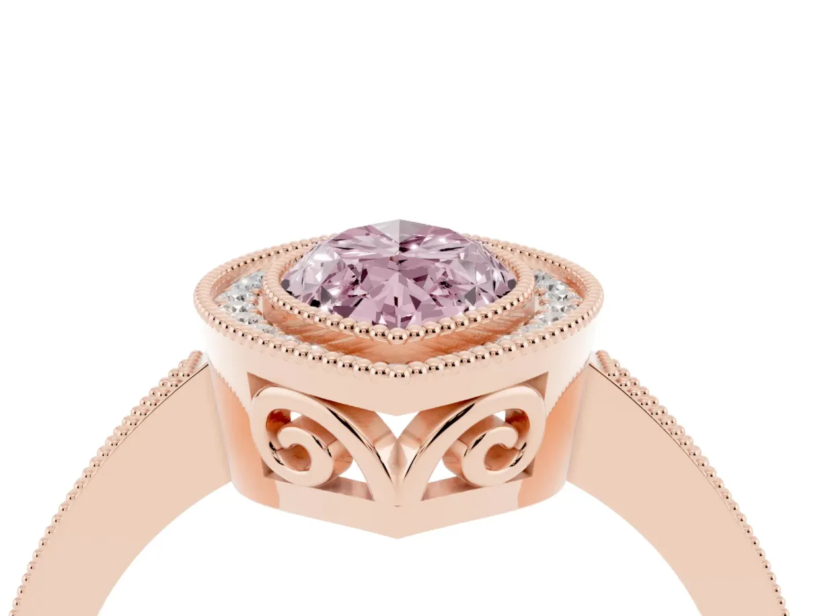 Fancy Pink Marquise Cut Cut Halo Diamond Ring with Pavé Band and Milgrain Prong Setting Rose gold