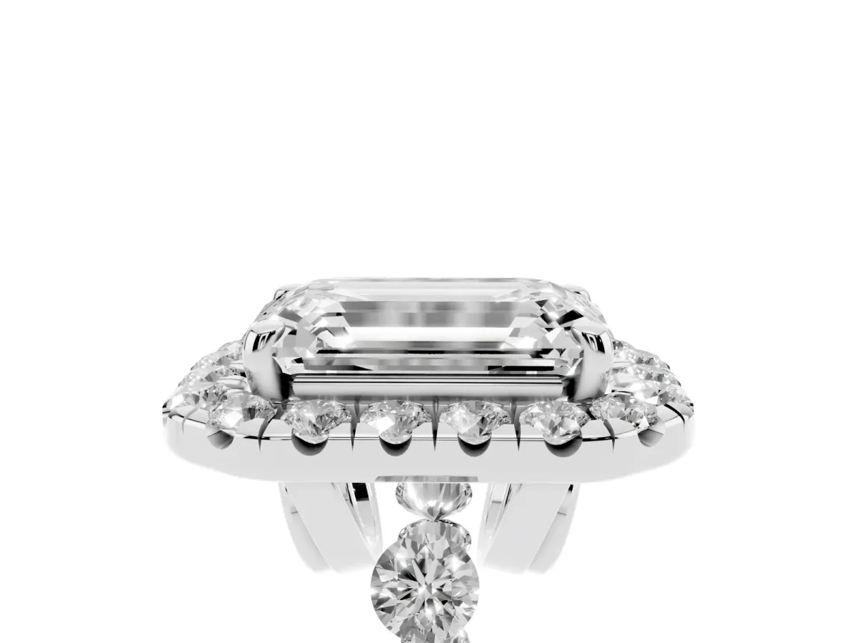 Emerald Cut Halo Pavé Diamond Engagement Ring with Four-Prong Setting Silver