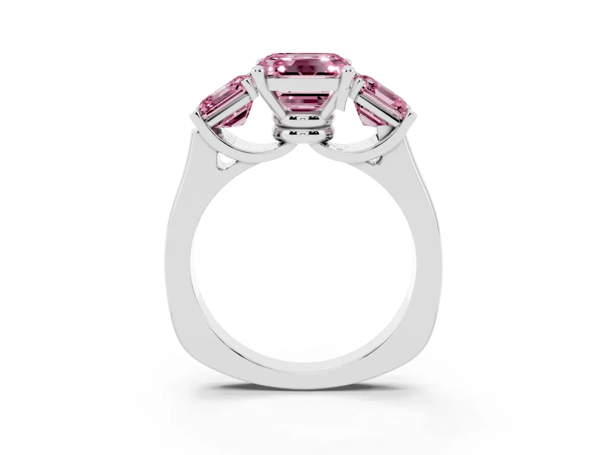 Fancy Pink Three-Stone Asscher Cut Brilliant Diamond Trellis Ring with Comfort Fit Band Silver