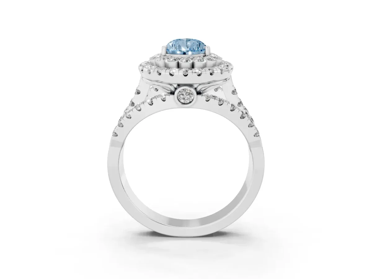 Fancy Blue Pear Cut Diamond Double Halo Ring with Round Pavé Split Shank and Prong Setting Silver