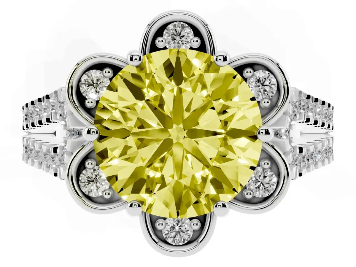 Fancy Yellow Round Cut Halo Diamond Floral Split Shank Engagement Ring Platinum