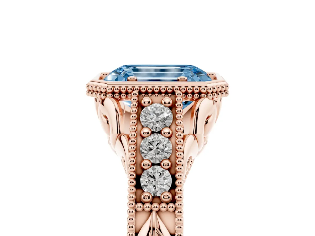 Fancy Blue Bezel Set Emerald Cut Diamond Milgrain Pave Engagement Ring Rose gold