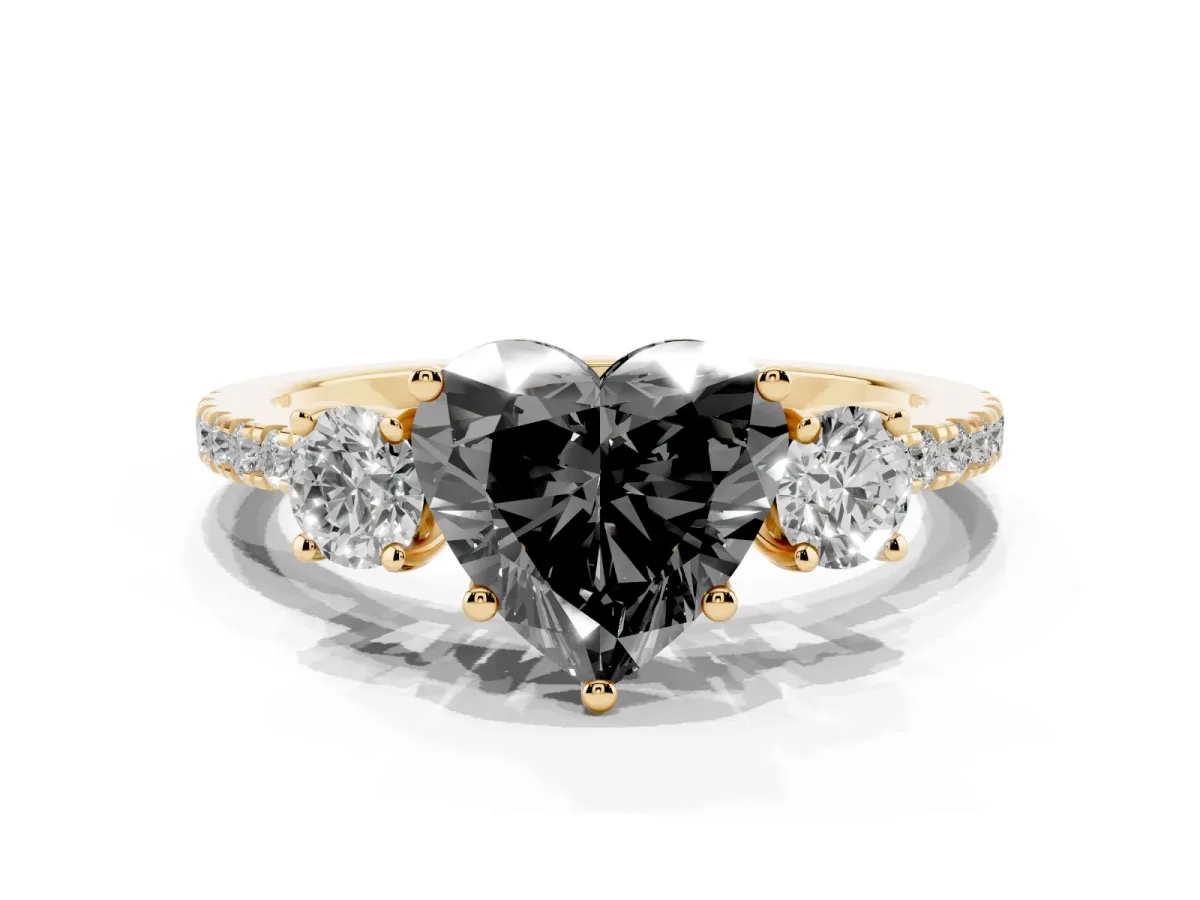 Fancy Black Three-Stone Heart Cut Cut Diamond Pavé Band with Prong Setting Yellow gold