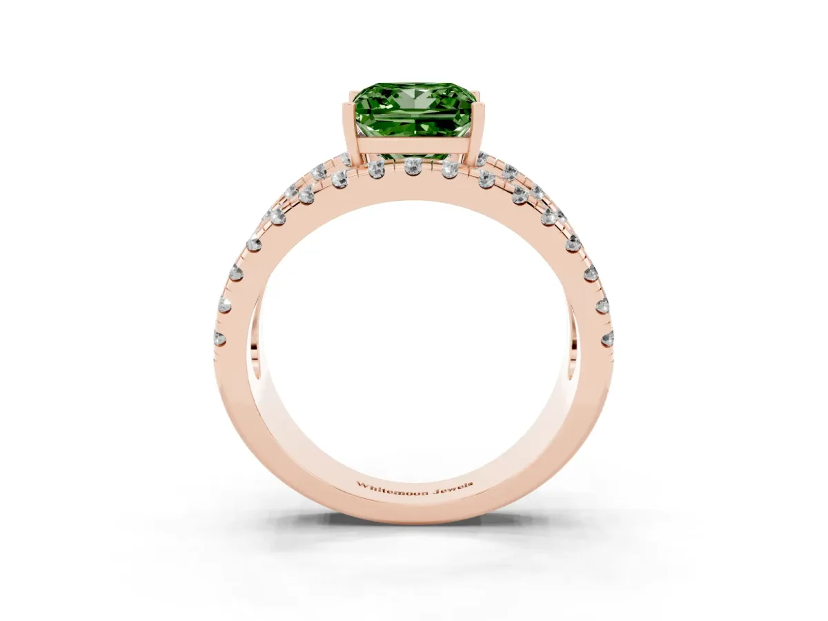 Fancy Green Princess Cut Solitaire Split Shank Pave Diamond Ring Rose gold