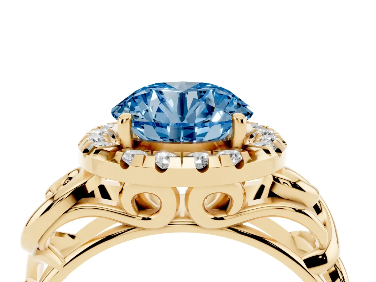 Fancy Blue Round Cut Cut Halo Diamond Ring with Scrollwork Band and Four-Prong Setting Yellow gold