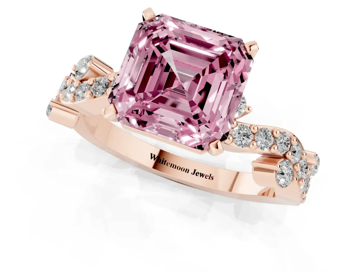 Fancy Pink Asscher Cut Cut Solitaire Diamond Twisted Band with Pave Setting Rose gold