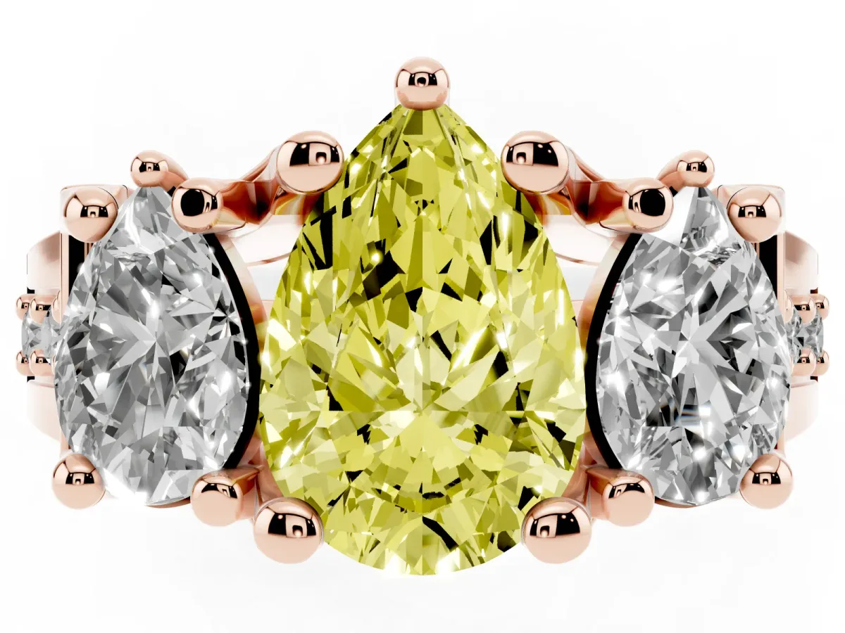 Fancy Yellow Pear Cut Diamond Three-Stone Ring with Channel Set Band and Four-Prong Setting Rose gold