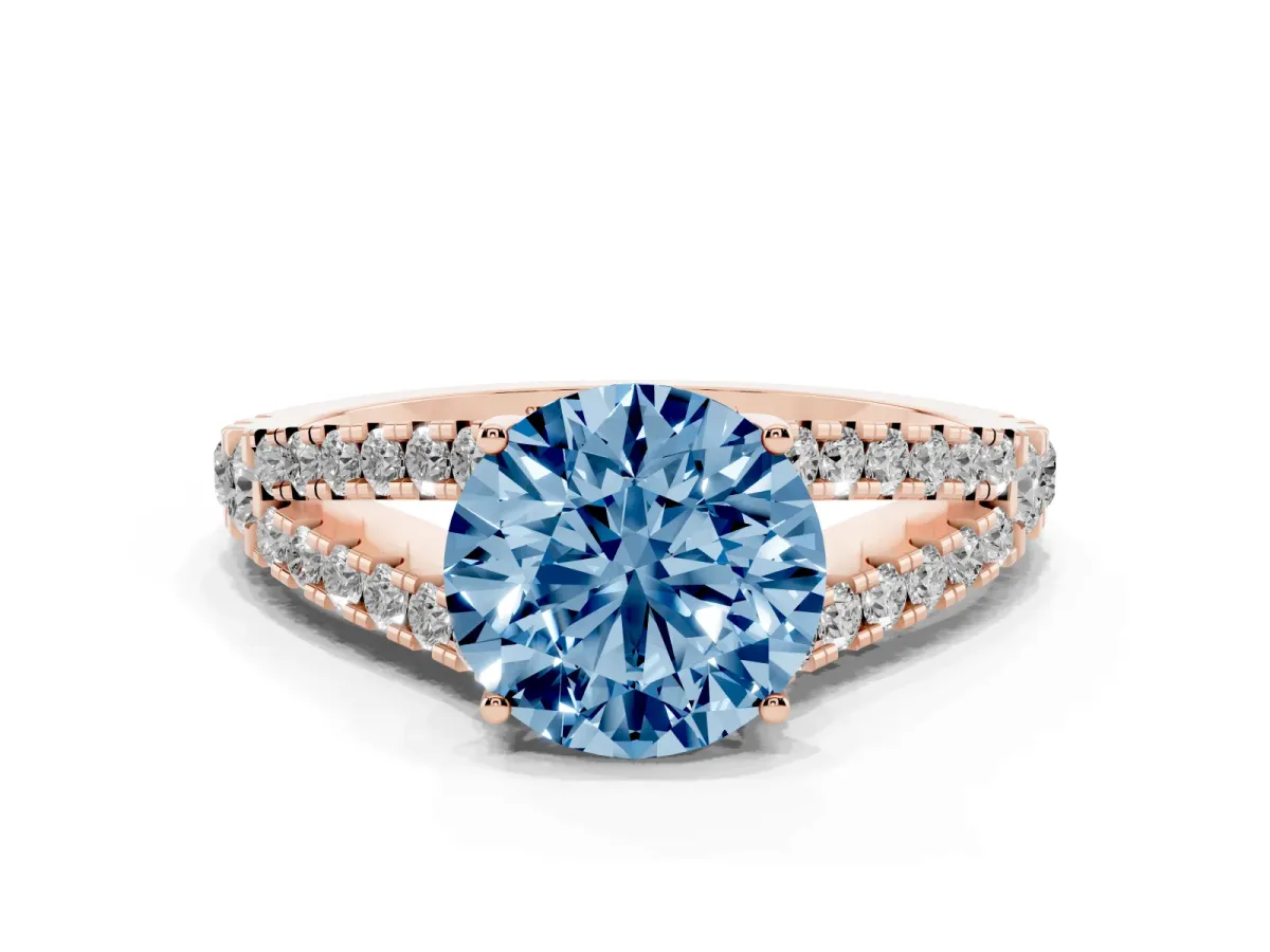 Fancy Blue Round Cut Diamond Split Shank Pavé Engagement Ring with Four-Prong Setting Rose gold