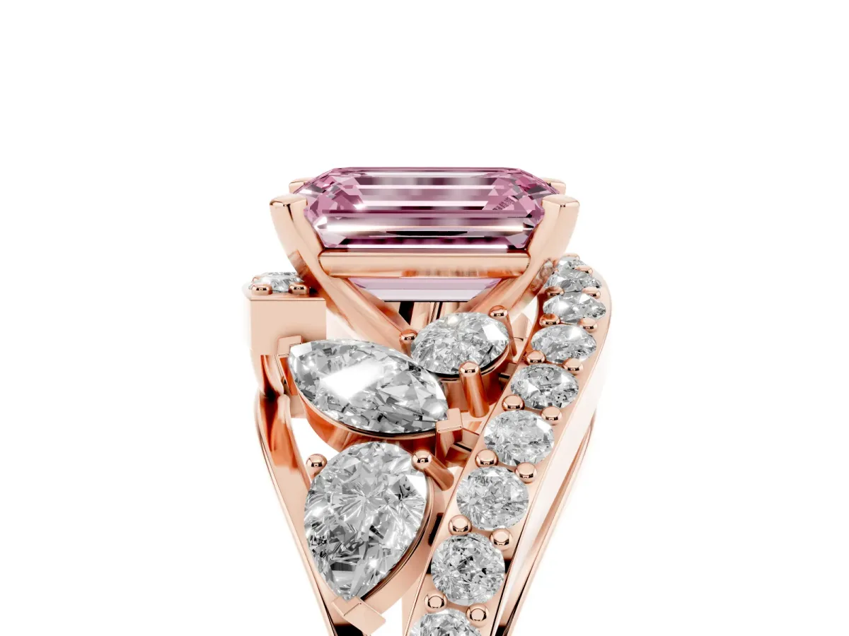 Fancy Pink Emerald Cut Diamond Halo Ring with Marquise and Pavé Band in Prong Setting Rose gold