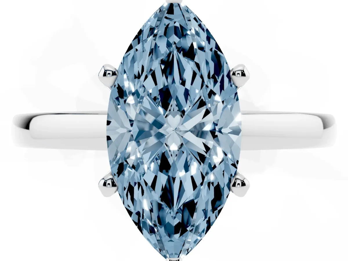 Fancy Blue Marquise Cut Solitaire Diamond Engagement Ring with Four-Prong Setting on a Classic Band Platinum