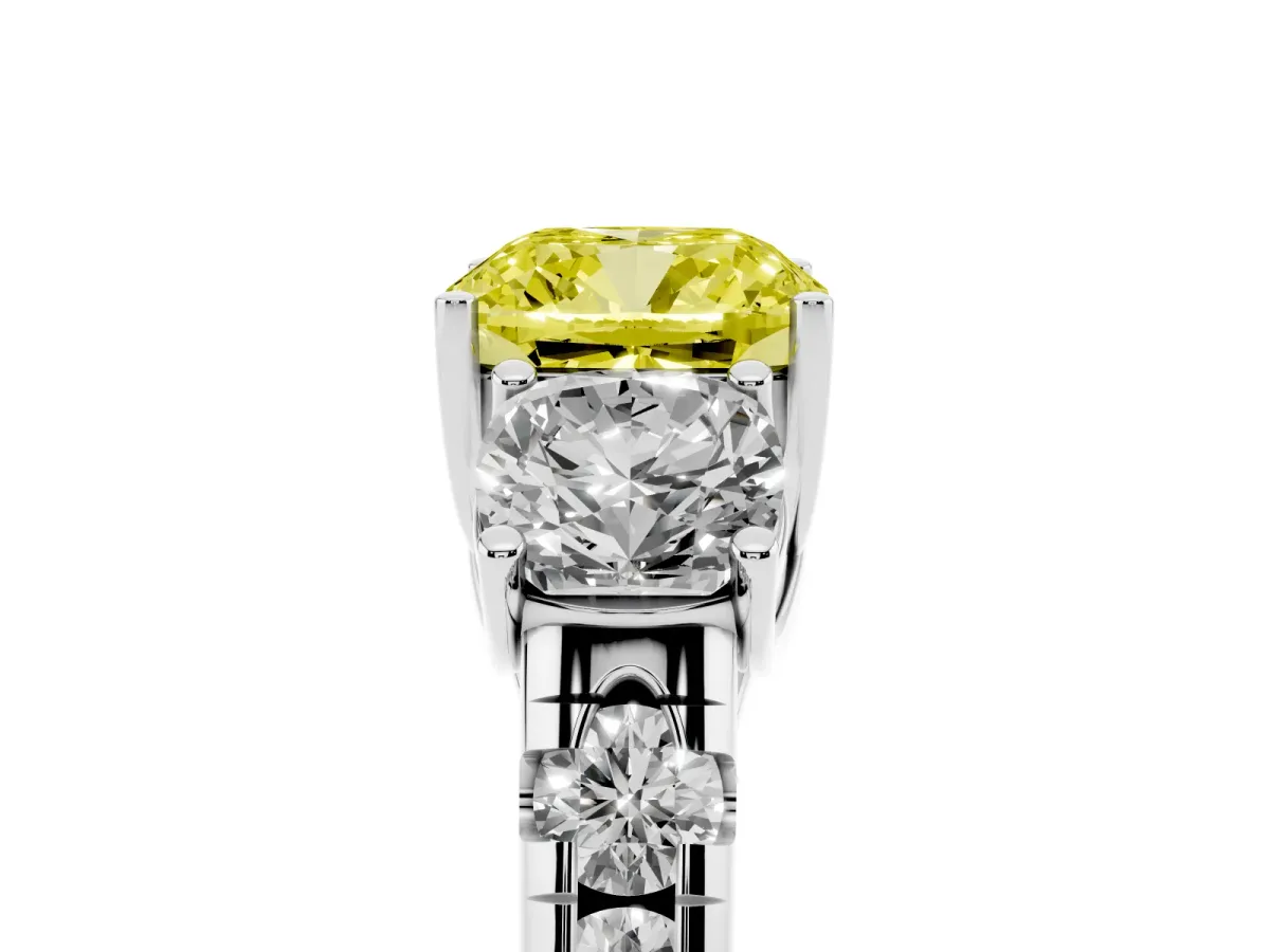 Fancy Yellow Three-Stone Cushion Cut Diamond Pavé Band with Prong Setting Platinum