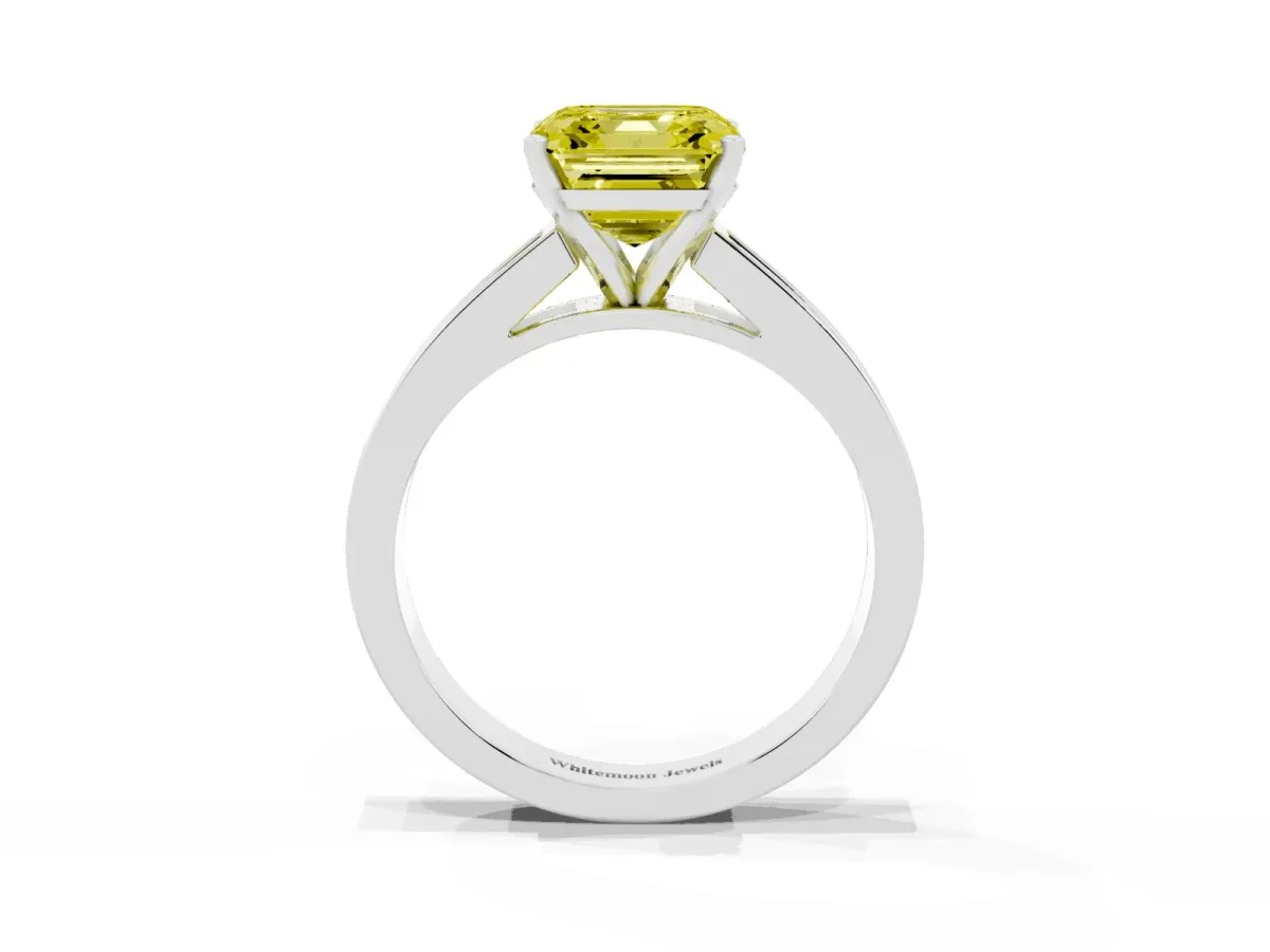 Fancy Yellow Asscher Cut Solitaire Diamond Ring with Channel-Set Band and Four-Prong Setting Silver