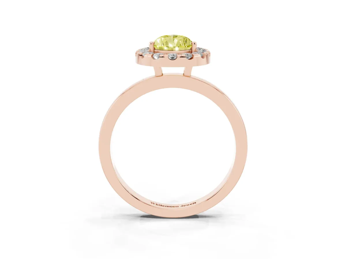 Fancy Yellow Pear Cut Halo Diamond Solitaire with Pavé Band and Four-Prong Setting Rose gold