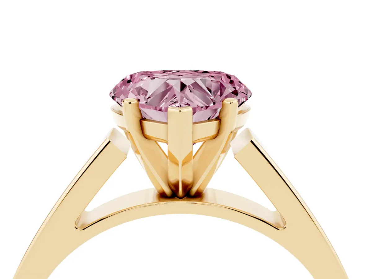 Fancy Pink Heart Cut Solitaire Engagement Ring with Four-Prong Setting and Tapered Band Yellow gold